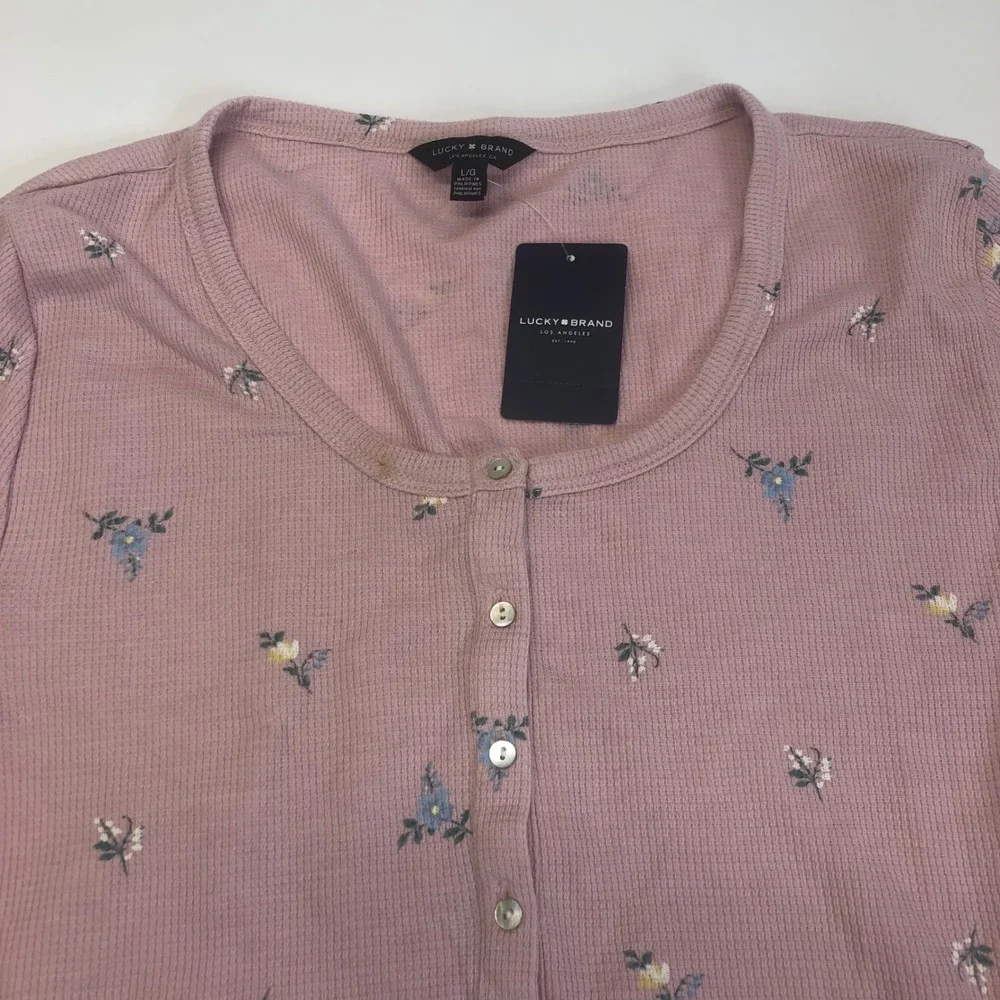 Lucky Brand Floral Waffle Knit Henley‎ Top Long Sleeve Casual Pink L - Picture 2 of 10